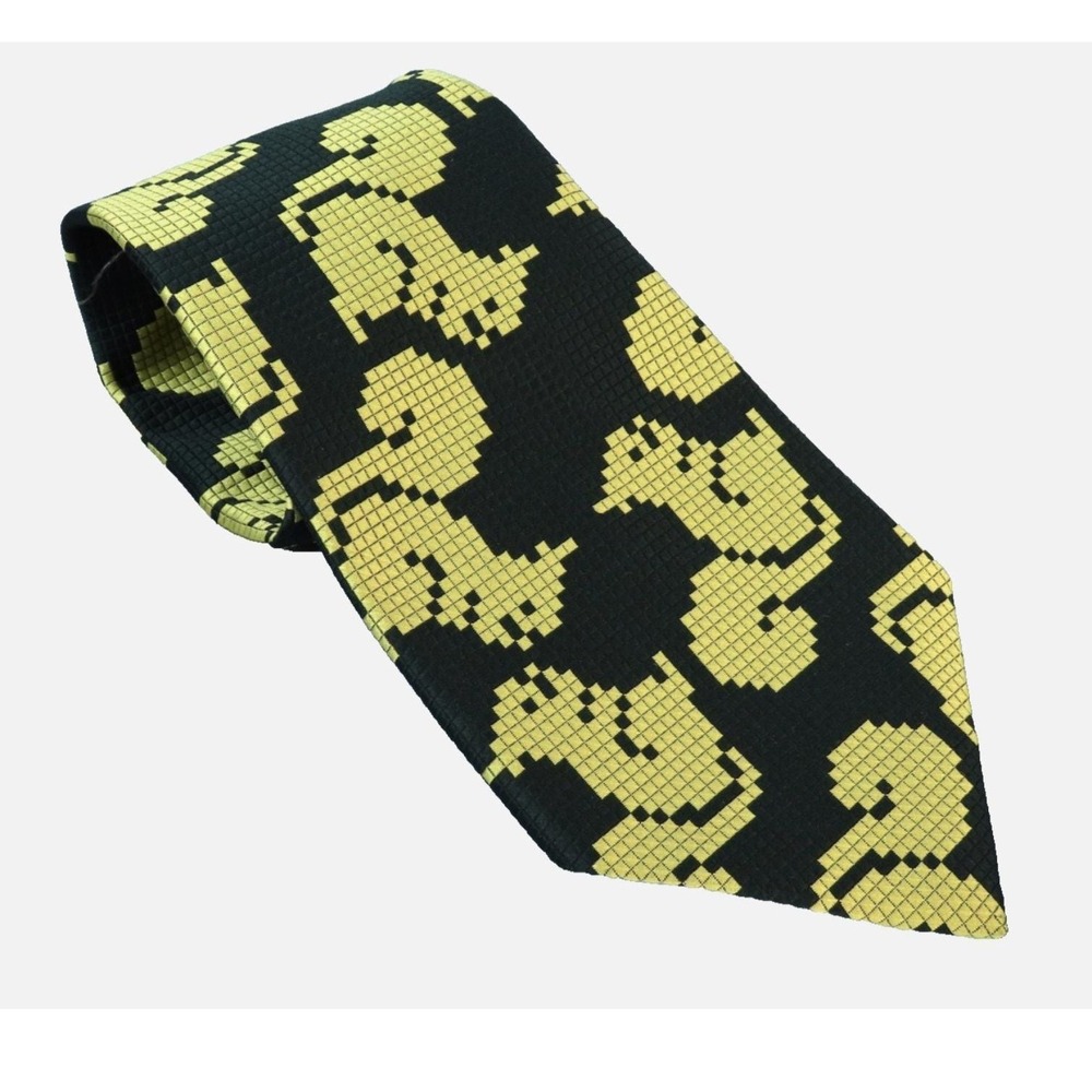 VTG MEN'S NECK TIE Extra Wide Pixel Squares Squirrel Dark Green/Gold Polyester